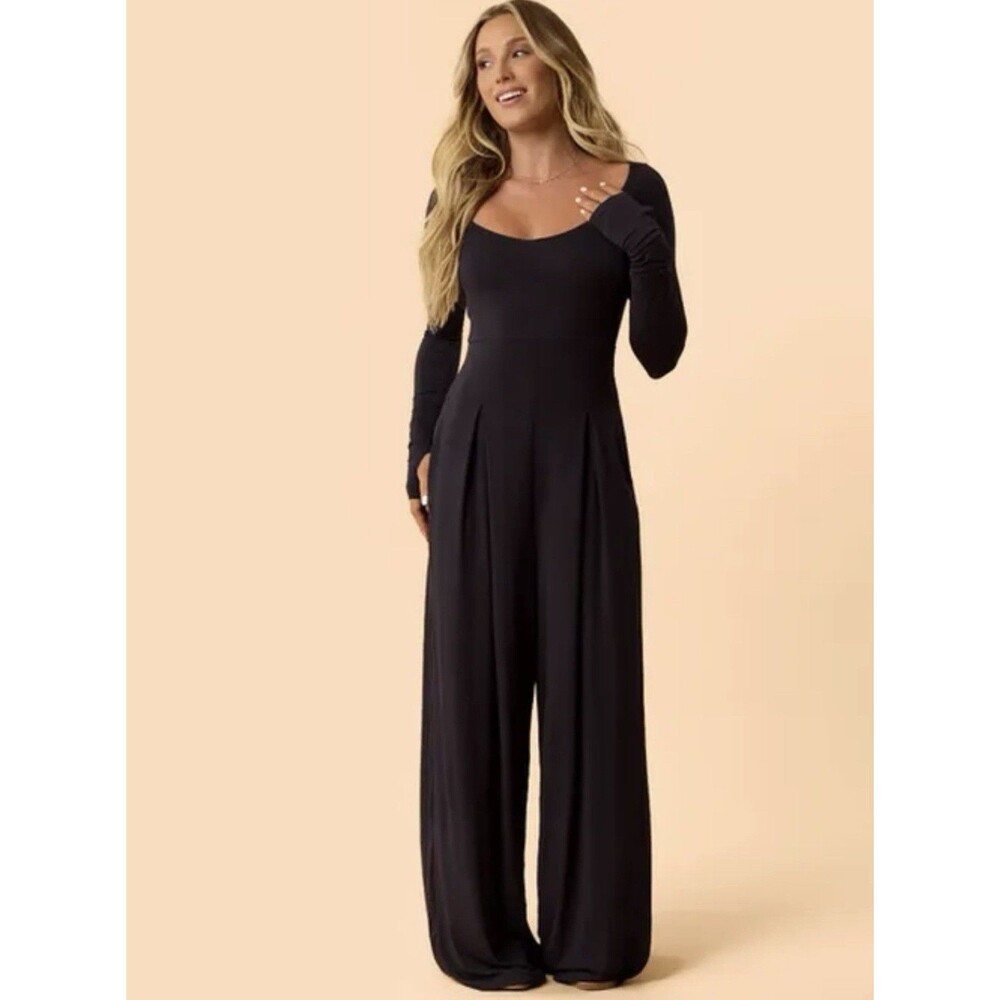 Blogilates Cascade V-Neck Jumpsuit Sz L Black Activewear Stretchy Wide Leg